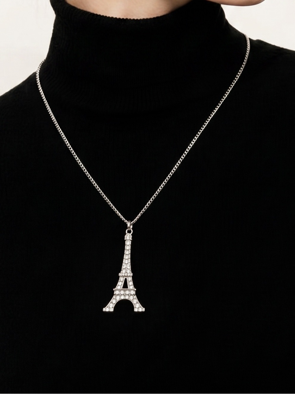Eiffel Tower Crystal Pendant Necklace - Silver
